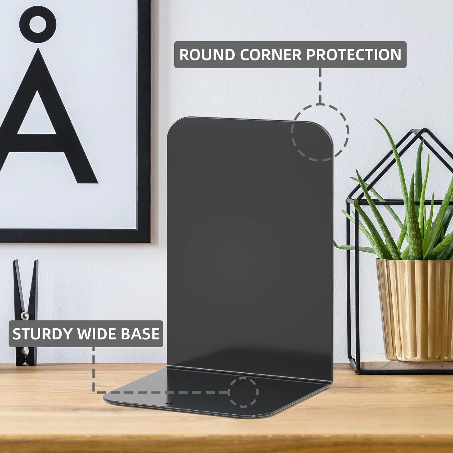 VFINE Bookends 1 Pair, Black Metal Book Ends, Heavy Bookends for Shelves, Book Stopper for Heavy Books, Book Organizer for Home Office School Supplies