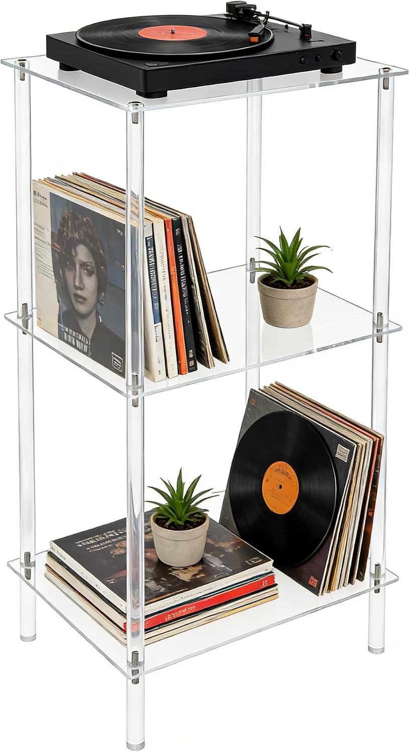 3-Tier Acrylic Record Player Stand, Clear Vinyl Record Storage Table with 11 ...