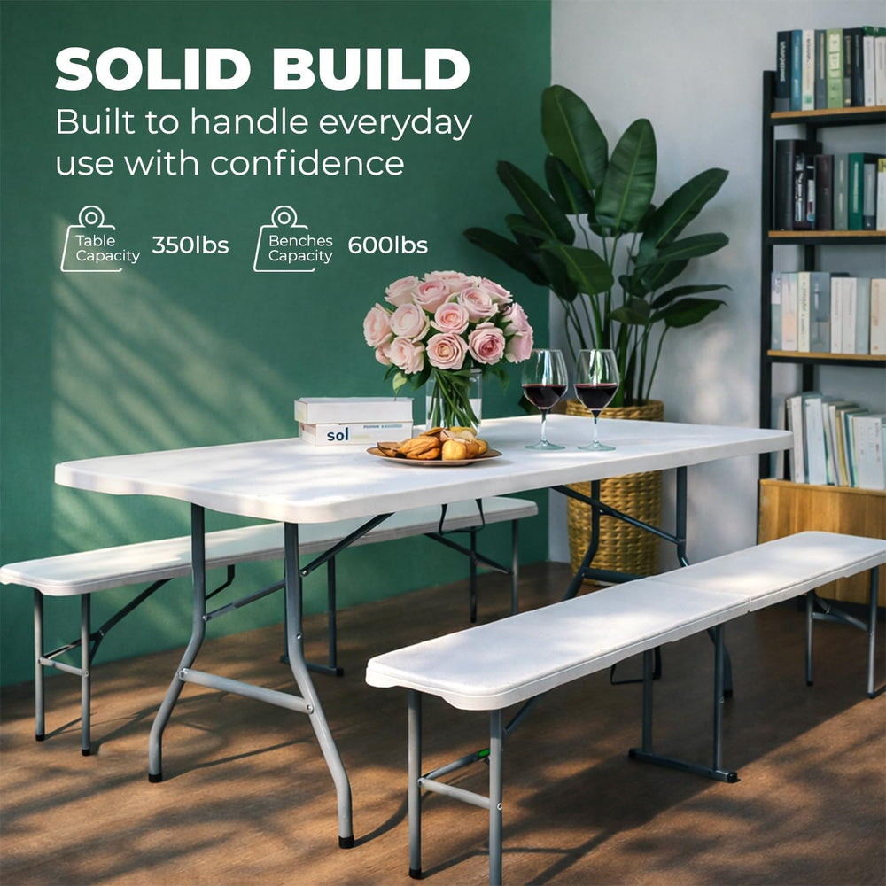 EconoHome 6 Ft White Plastic Folding Table Set with 2 Benches – Heavy-Duty Pi...