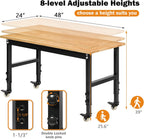 Betterhood 48" Heavy-Duty Adjustable Workbench for Garage, Rubber Wood Shop Table W/Metal Wheels, Hardwood Workstation Weight Capacity Over 2000 Lbs with Wheels