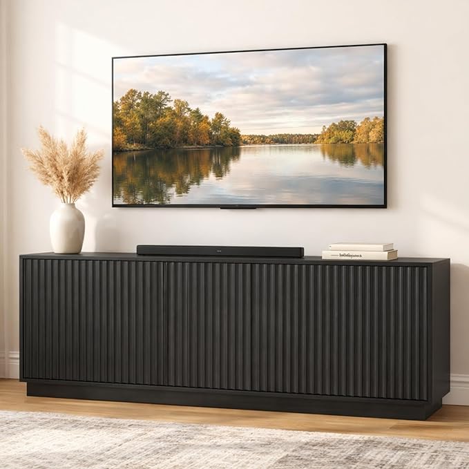 63'' Fluted TV Stand for TVs up to 75'', Modern Long Media Console with Storage Cabinets & Adjustable Shelves,Entertainment Center for Living Room Bedroom (Black)