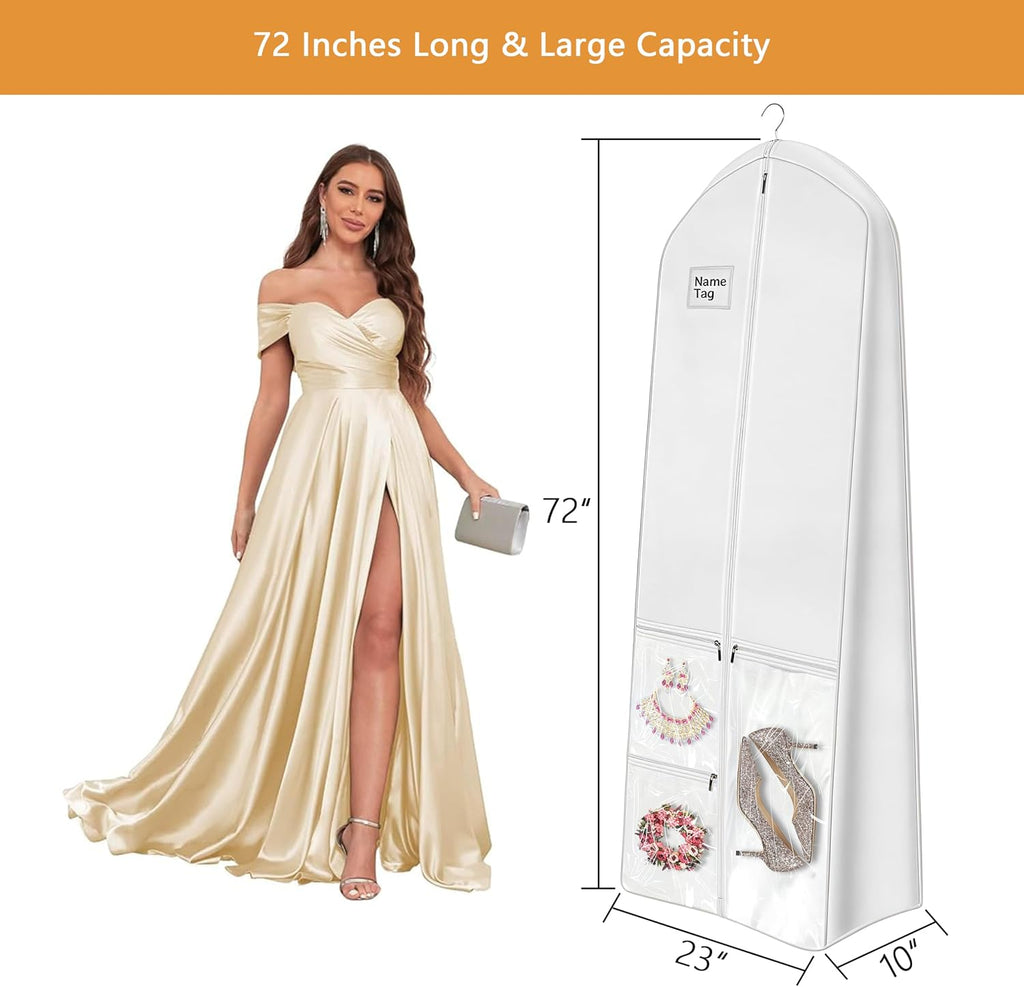 72" Dress Bag for Long Dress for Gowns Wedding Dress Quinceanera Dress Sweet 16 Dress Vestido de 15 años Prom Dress Long 3 Extra Pockets Dress Garment Cover for Women, White