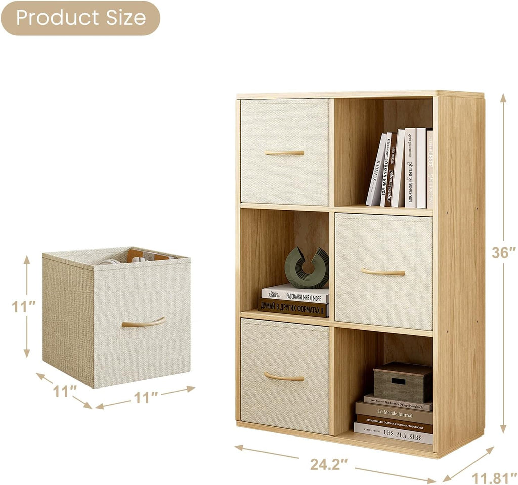 EXPERLAM 6 Cube Storage Organizer - Solid Wood Bookshelf with 3 Storage Bins, Cube Shelf with 2 Removable Back Panels, Vertical or Horizontal Bookcase, Open Book Shelf for Bedroom, Living Room, Office
