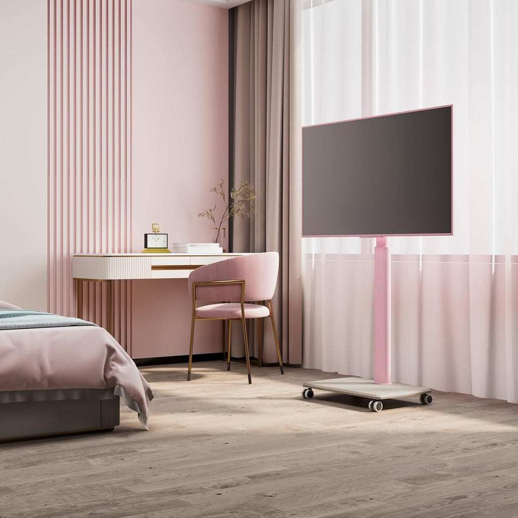 Pink Rolling TV Stand for 32 to 55 65 75 85 Inch TVs, Corner TV Floor Stand with Mount, Universal Portable Mobile TV Cart on Wheels, Small TV Stand for Bedroom, Living Room, Conference Room