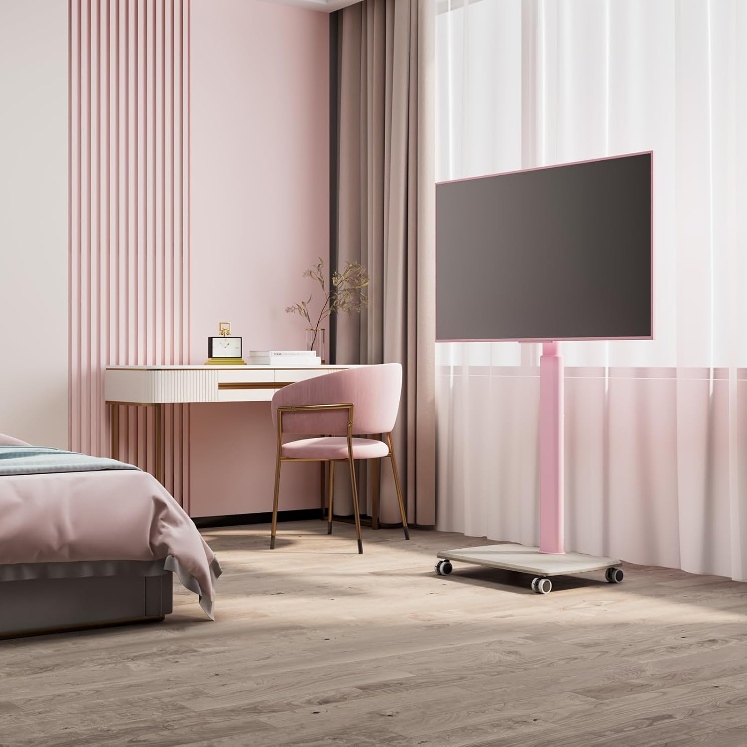 Pink Rolling TV Stand for 32 to 55 65 75 85 Inch TVs, Corner TV Floor Stand with Mount, Universal Portable Mobile TV Cart on Wheels, Small TV Stand for Bedroom, Living Room, Conference Room