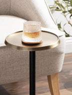 Kate and Laurel Sanzo Modern Pedestal Drink Table; 9 x 9 x 23; Antique Brass and Black; Decorative End Table with Hammered Tabletop for Use as Small Plant Stand or Living Room Martini Table