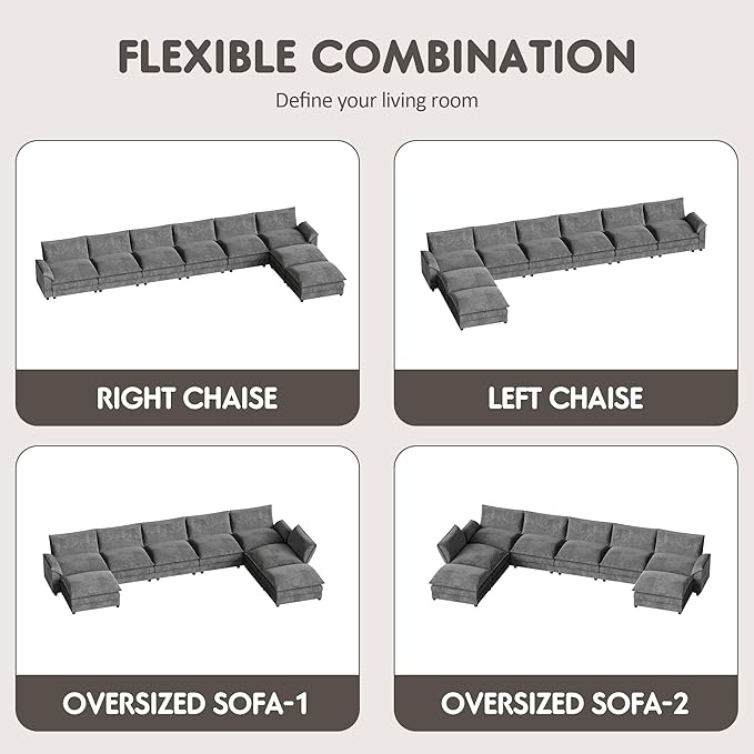 Homall 232" Modular Sectional Sofa, Oversized Sofa Couch with Reversible Ottoman, DIY Combination Chenille Deep 6-Seat Cloud Couch for Living Room, Apartment (Light Grey, Oversized Sofa)