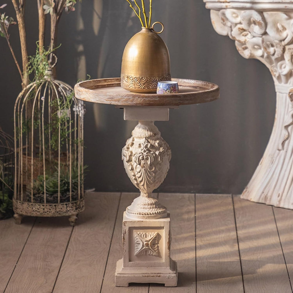 Vintage Round Side End Table, Wood Center Table, Vintage Hand Carved Side Tab...