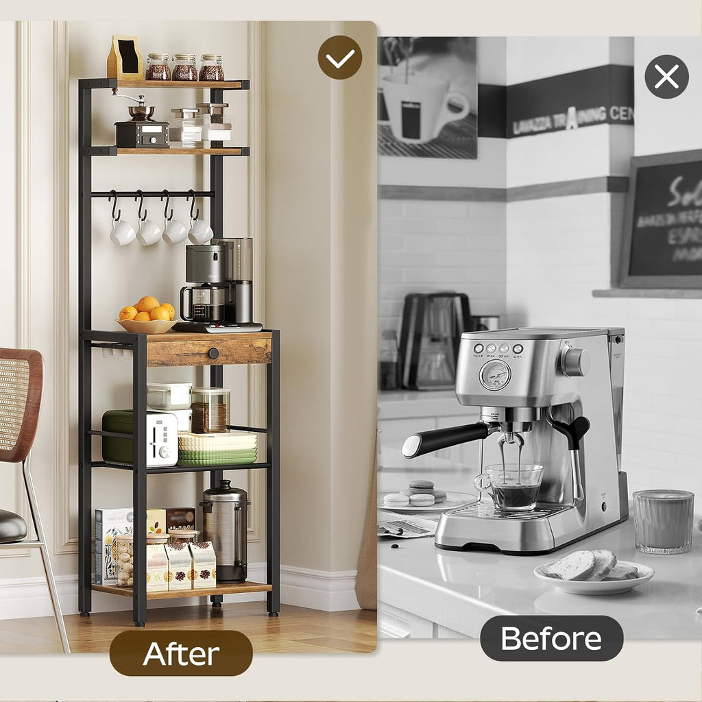 YATINEY Bakers Rack, 5-Tier Coffee Bar Station, Coffee Stand with Pod Drawer Holder, Versatile Kitchen Storage Rack with 4 Hooks, for Living Room, Cafe Corner, Rustic Brown and Black KF01BRY1