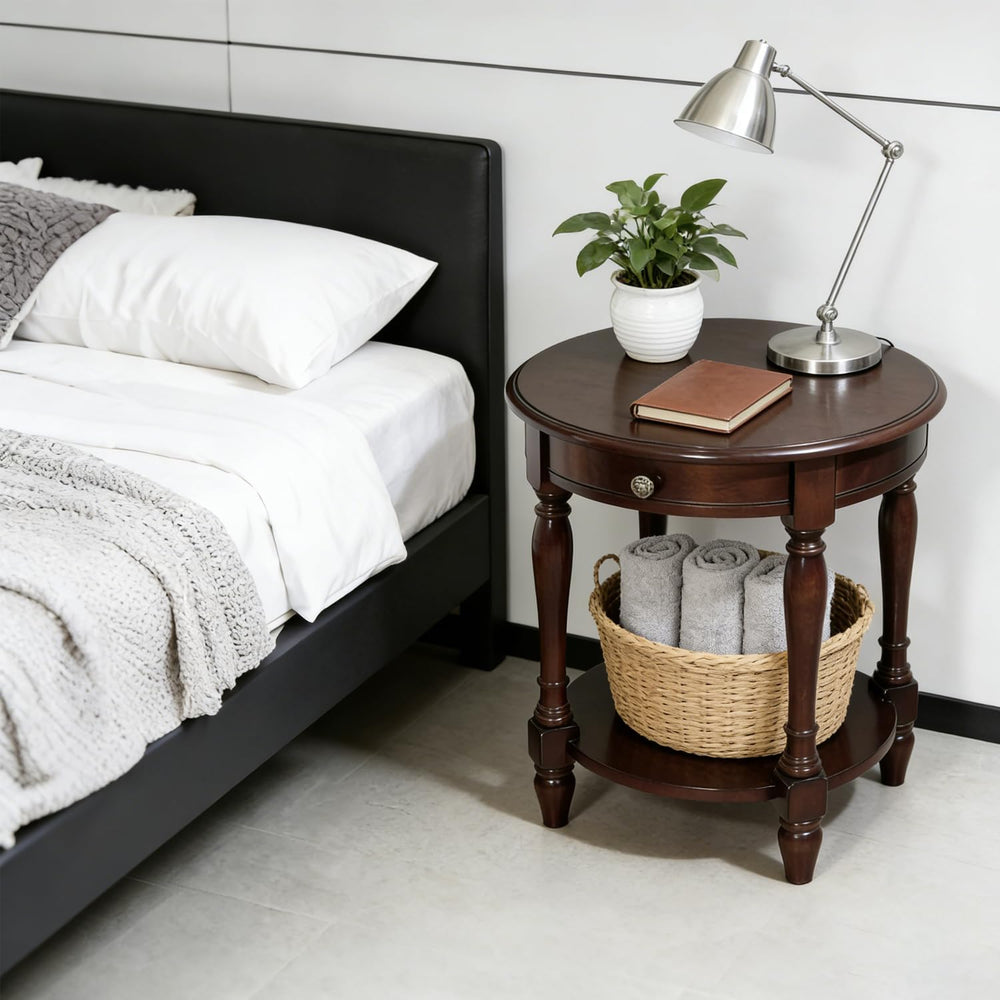 YUNMUAIR-Solid Wood End Table,Round Side Table with Drawers,Vintage Nightstan...