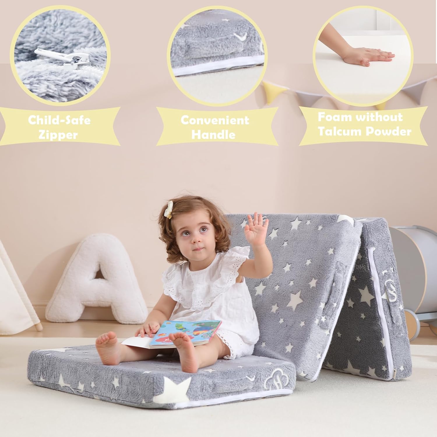 Kids Floor Mattress, Foldable Foam Mattress,57 x 23 in,Glow Star | Foldable floor mattress for kids,child trifold foam mattress,folding mat,glow-in-the-dark star,with storage bag