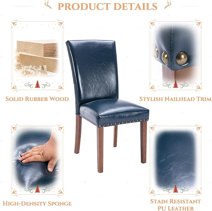 Parsons Dining Chairs Set of 6, Upholstered Nailhead PU Leather Dining Room Kitchen Side Chair with Thick Cushions and Wood Legs, Blue