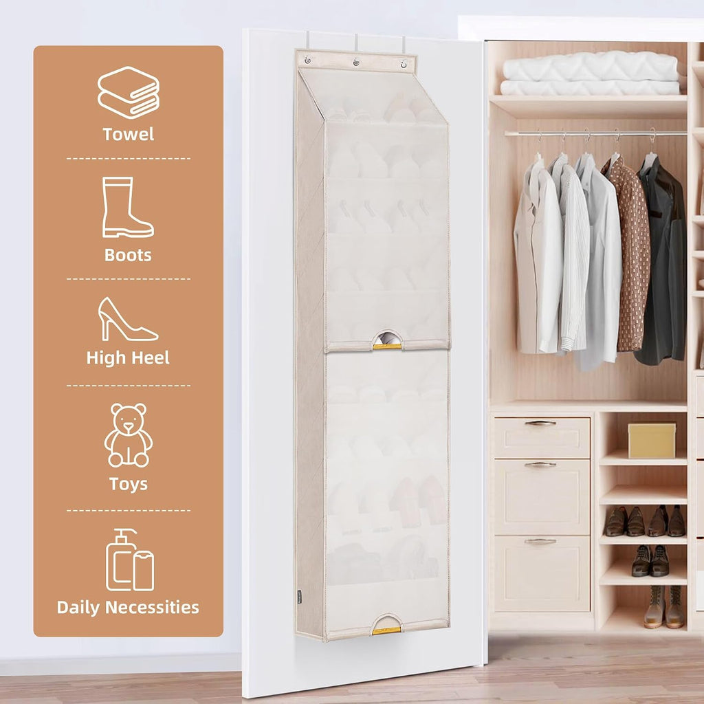 STORAGE MANIAC Over the Door Shoe Organizer with Curtain Dustproof Heavy-Duty Large Deep Pocket Hanging Shoe Organizer for Closet Dorm & Narrow Door Storage Shoe Holder Shoe Rack, 9-Shelf Beige 1 Pack
