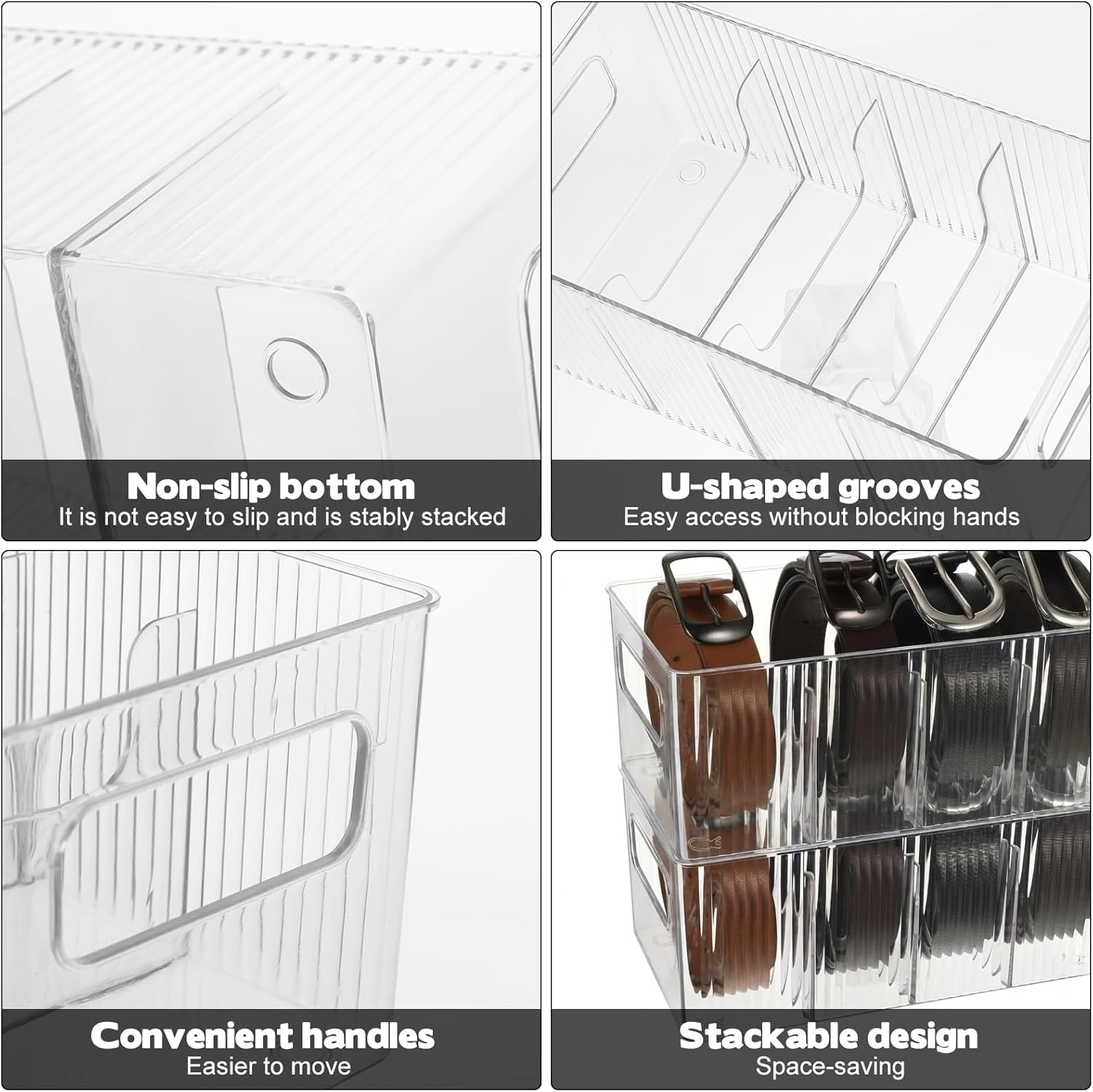 3 Pack Acrylic Belt Organizer - with Adjustable 4 Compartments & Stackable Design, Clear Storage for Closet and Drawer Organization, Display Case Pantry Cabinet Organizers for Ties,Socks,Underwear