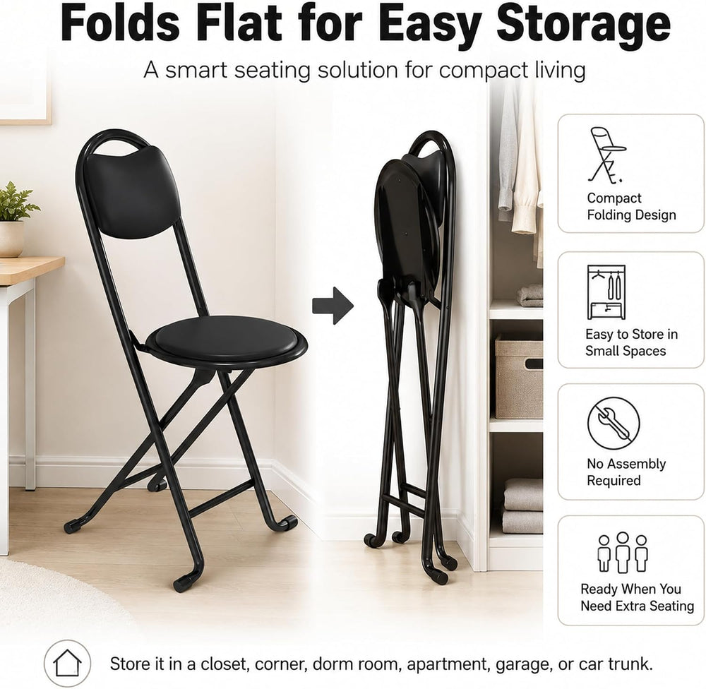 2 Pack Folding Stool with Back, 17 Inch Small Folding Chair, Black Stool with...