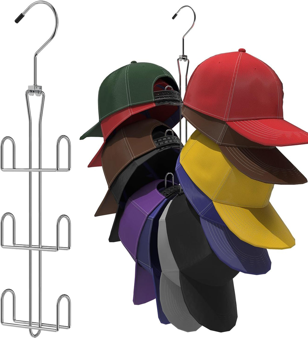 Hat Hanger 2pcs Metal Hat Storage For Baseball Caps,Rotatable Hat Organizer For Closet,Hat Rack With 6 Hooks Up to 30 Caps Hold,Silvery