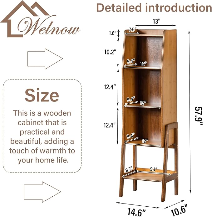 Welnow Bamboo Bookcase with Cabinet, Natural End Table with 3-Tier Storage Shelf, Modern Bedside Organizer Side Table for Bedroom or Living Room, Walnut Bookshelf with Open Space