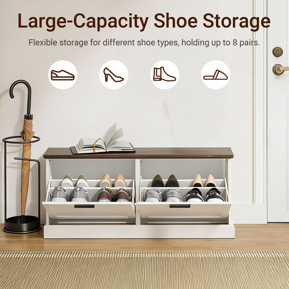 SoBuy Narrow Shoe Bench with Flip Drawers - Slim White Entryway Shoe Storage ...