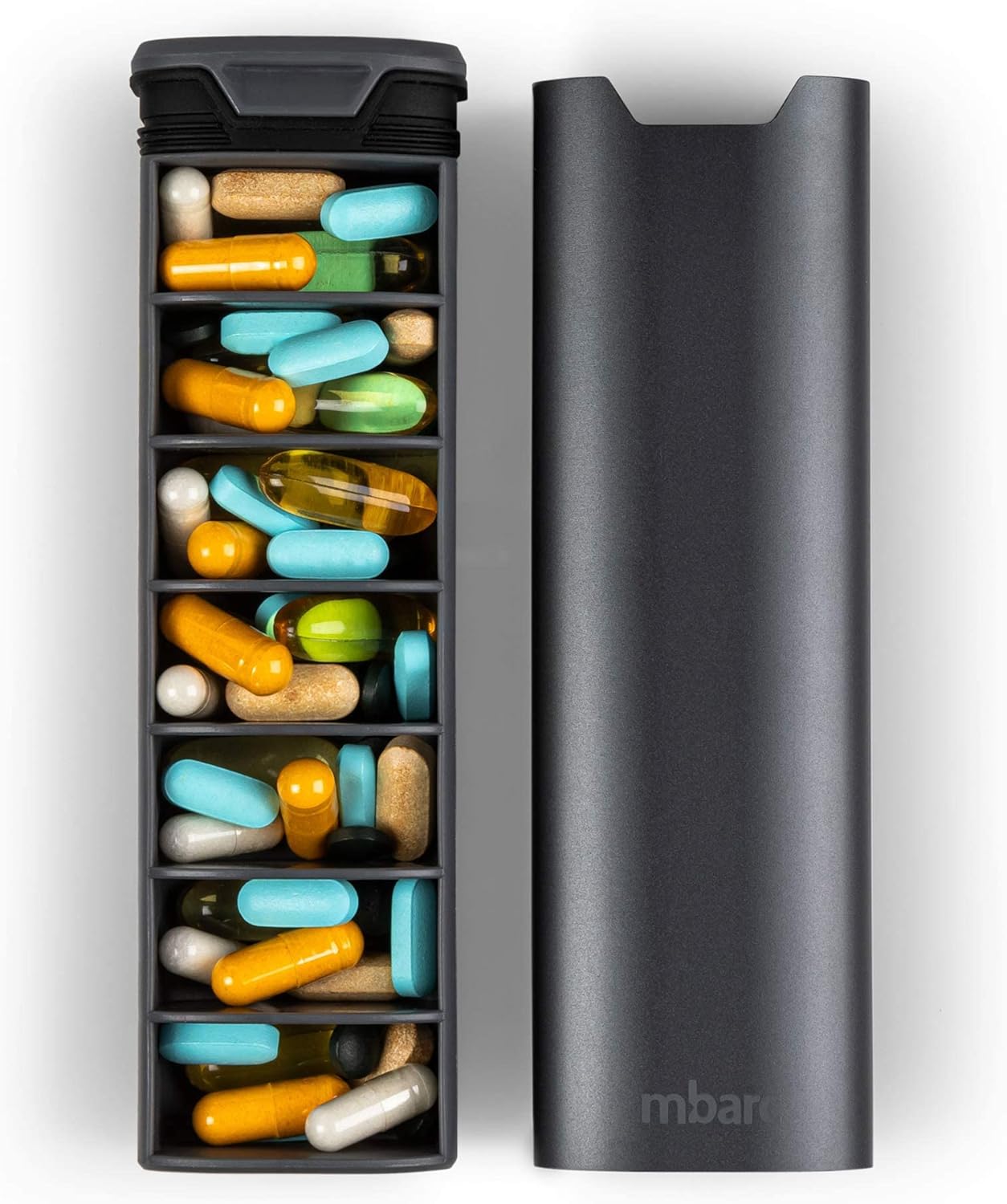 7 Day Weekly Pill Organizer 2.0 by mbarc - Premium Stylish Aluminum and Wood Large Capacity Pill Box for Supplements, Pills, Vitamins and Medication. (Steel Grey)