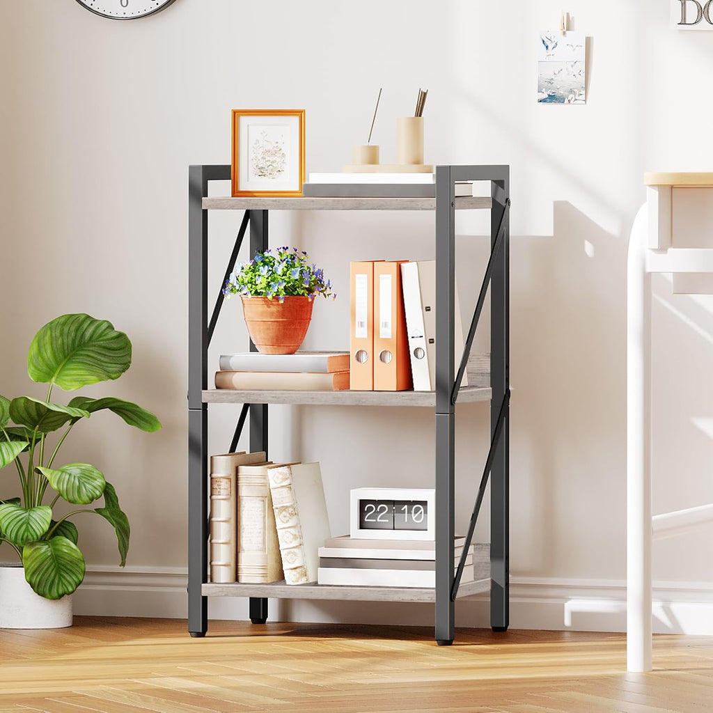 HOOBRO Bookshelf, 3-Tier Industrial Bookcase, Book Shelf Storage Organizer, Small Bookshelf with Metal Frame for Living Room, Bedroom, Home Office, Kitchen, Greige and Black BG71SJ01