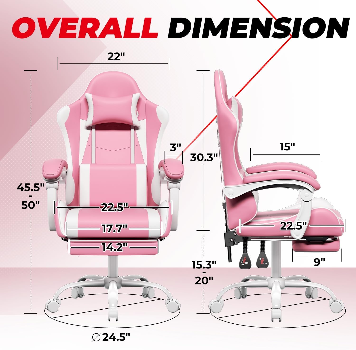 Auto Dynasty Ergonomic Gaming Chair, High-Back Office Chair w/Adjustable Lumbar Support, Linkage Armrest, Headrest & Footrest, 350LBS Recliner Swivel Computer Game Racing Chair, Pink/White