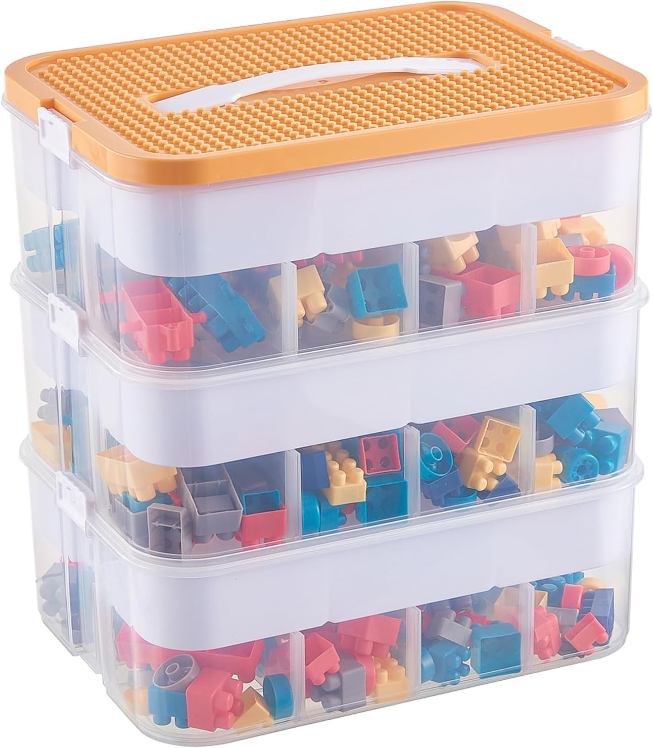 Organizers Storage Box for lego: Plastic Stackable Storage Case with Building Blocks Lids, Containers with Carrying Handle and Adjustable Grid Organizers,3Layer Orange