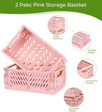 4-Pack Small Pastel Plastic Storage Baskets, Collapsible Crates for Organizing, Space-Saving Mini Bins for Classroom, Kitchen, Office, Bedroom (Pink, 9.8" x 6.5" x 3.8")
