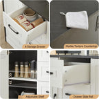 47" Kitchen Island with Power Outlet & Imitation Marble, Black | Dining Table with 2 Storage Cabinets & 4 Drawers, Adjustable Shelves, Home Bar for Kitchen, Dining Room, Living Room