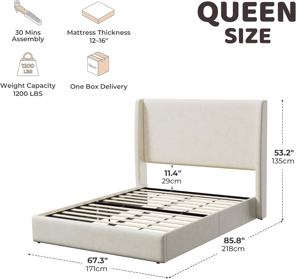 RECCI Queen Bed Frame with 53'' Extra Tall Wingback Headboard, Low Pr...
