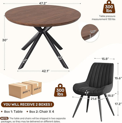 47.2" 5-Piece Round Dining Table Set for 4, Modern Wood Dining Table with 4 Upholstered Chairs, Kitchen & Dining Room Table Set with Metal Base for Apartment, Small Space, Walnut Table+4 Balck Chairs