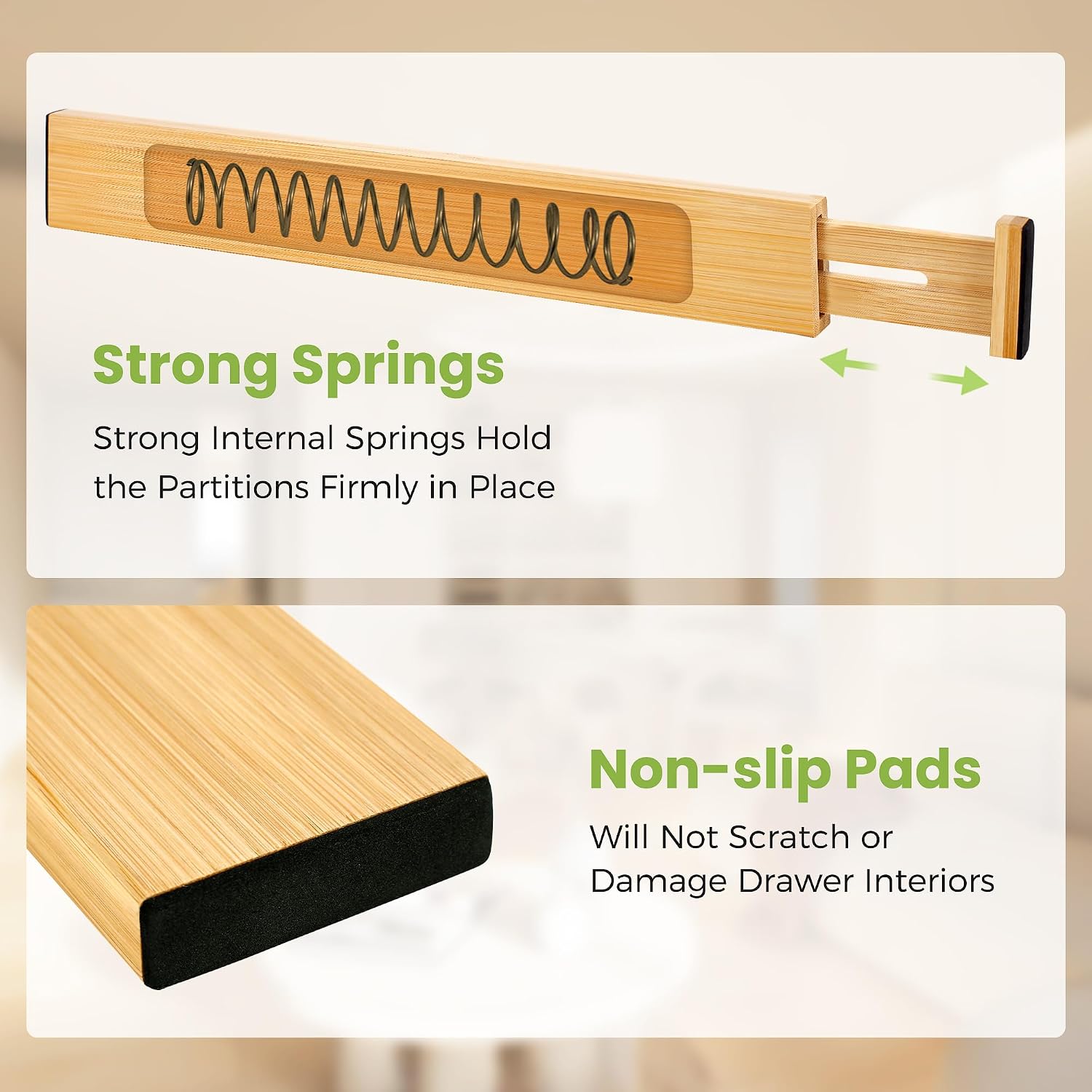 Fyvva Drawer Divider, Adjustable Bamboo Kitchen Drawer Organizer, Spring Loaded Drawer Organizer, Dresser Separators for Kitchen, Bathroom, Clothes, Office Desk Storage (Natural, 4 Pack Large)