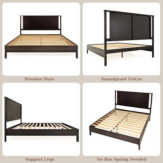 Bme Ethan King Size Bed Frame with Diamond Headboard, Rustic Mid-Century Modern, Solid Acacia Wood, No Box Spring Needed, Slat Support, Rustic Black