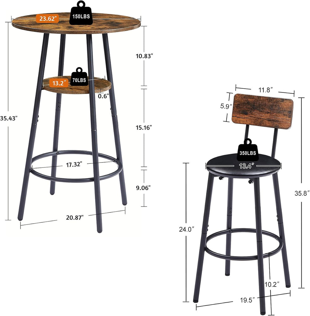 23.6" 3 Piece Round Bar Table and Chair Set with Shelf Rustic Brown | Ru...