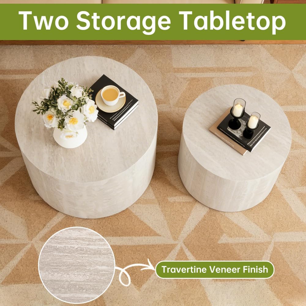 18 inch Round Travertine Nesting Coffee Table Set of 2, Terrazzo | Travertine...