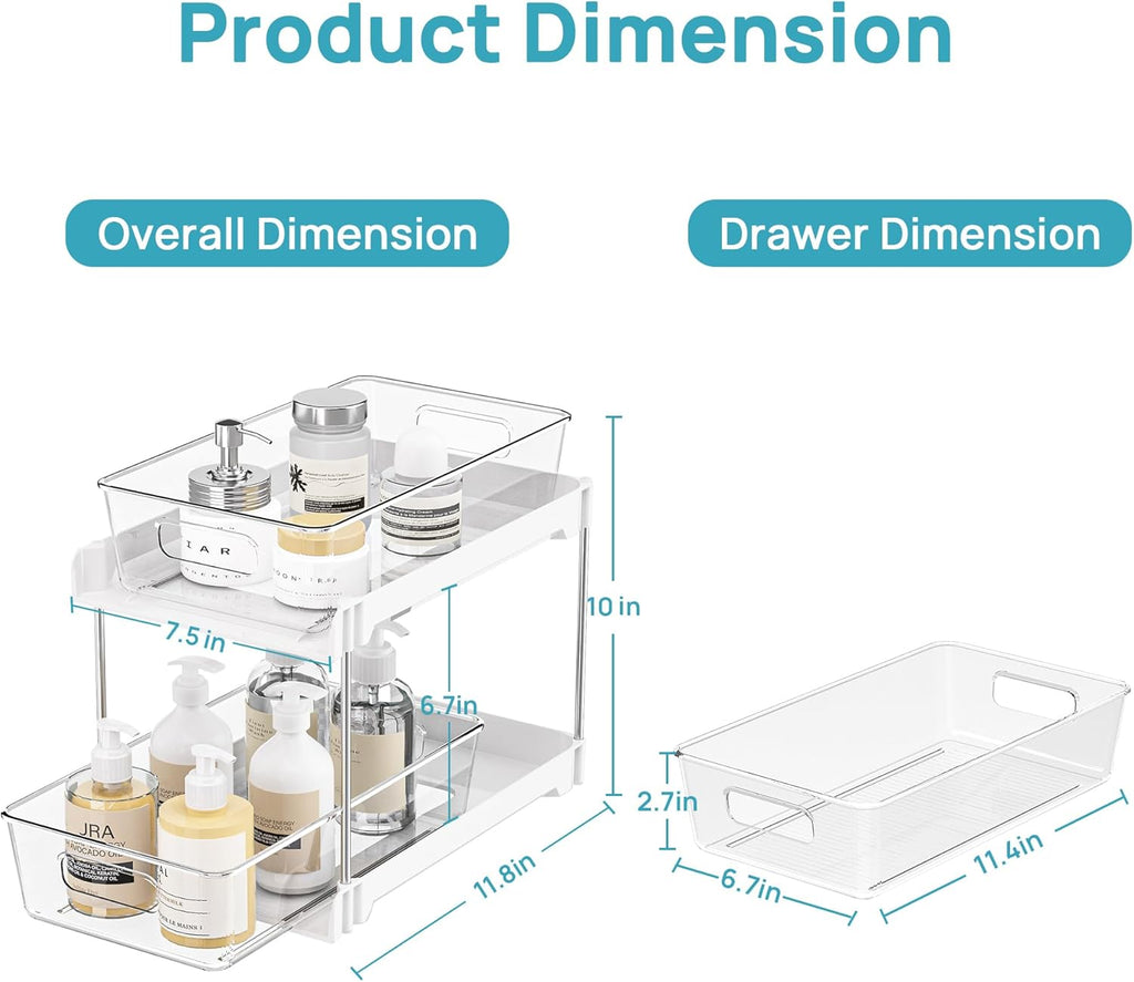 Vtopmart 2 Pack Bathroom Organizer, 2 Tier White Under Sink Organizers Vanity Countertop Storage Container,Cabinet Drawers Bins, Pull-Out Organization with Track for Pantry, Kitchen