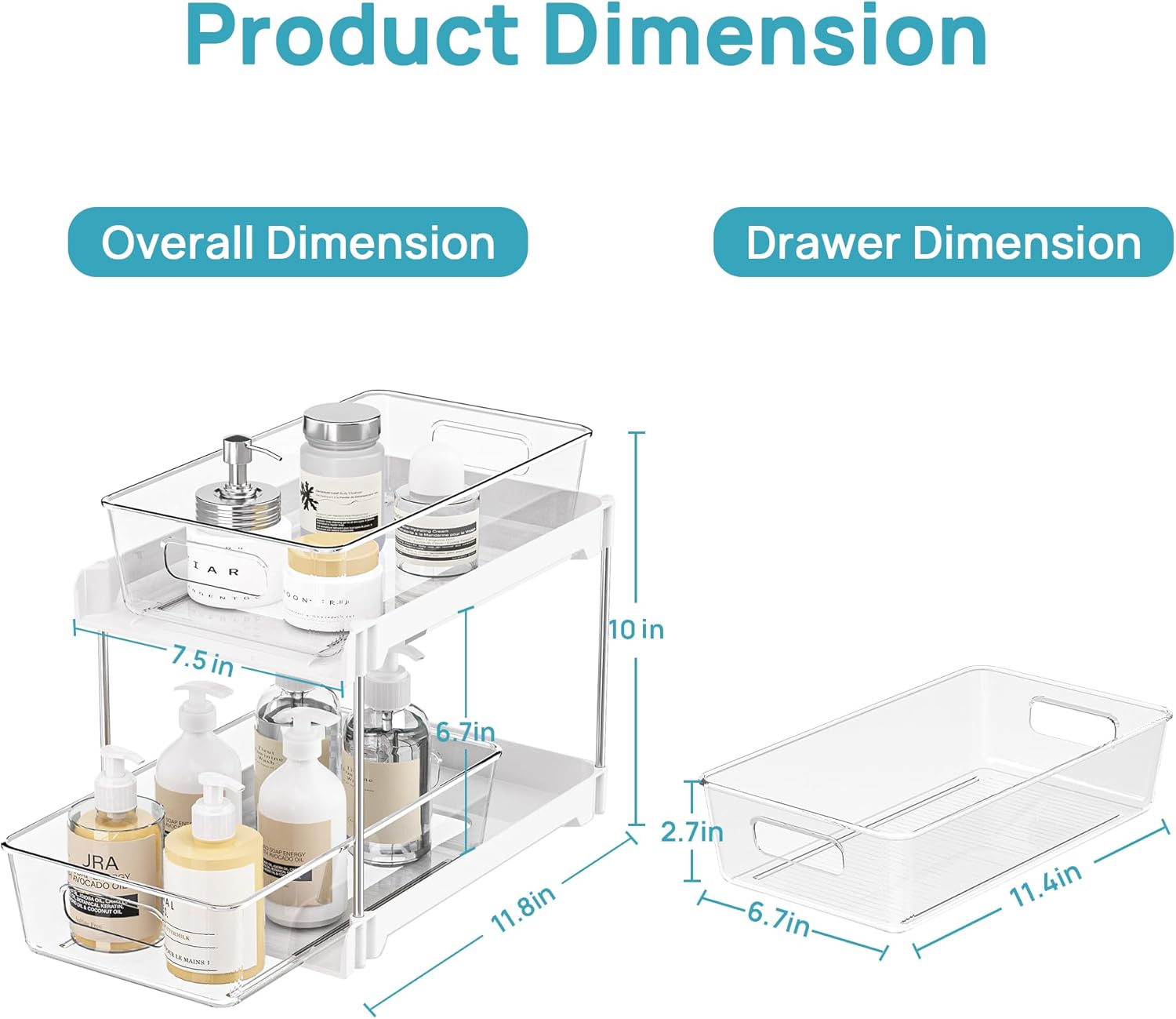 Vtopmart 2 Pack Bathroom Organizer, 2 Tier White Under Sink Organizers Vanity Countertop Storage Container,Cabinet Drawers Bins, Pull-Out Organization with Track for Pantry, Kitchen
