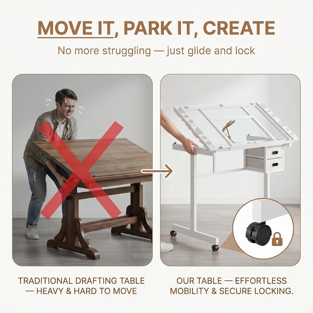Adjustable Drawing Table for Adults, 0-70° Tilt Glass Top Artist Desk with 2 ...