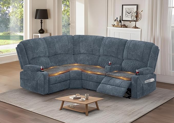 Manual Reclining Sectional Sofa Set, 4 Seats Soft Fabric Recliner Corner Sectional Couch, Family-Sized L-Shaped Recliner Couch with USB Charging, Thickened Padding, Sturdy Frame, Blue