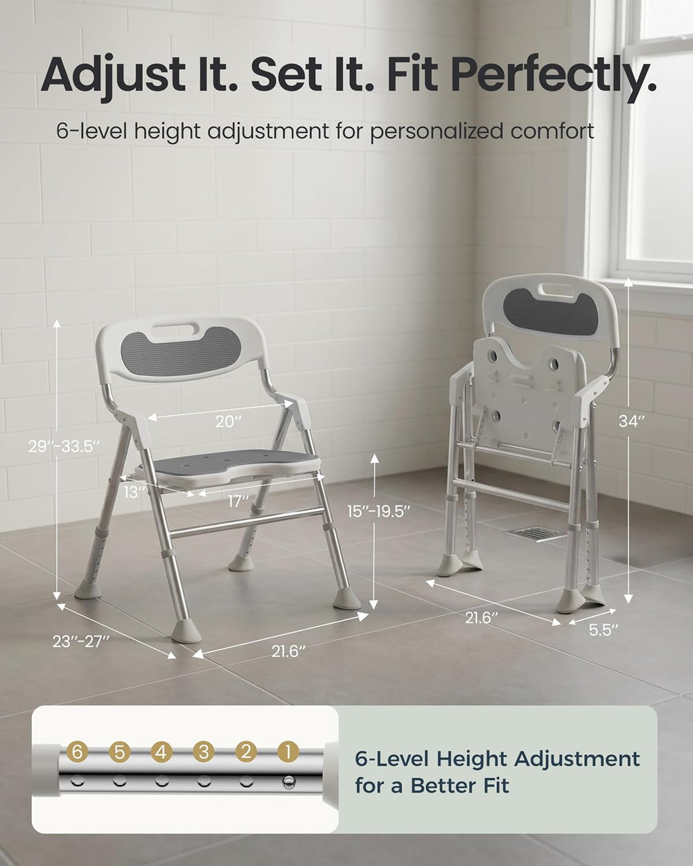 Foldable Shower Chair with Arms and Back Inside Shower, 400LBS Heavy Duty Sho...