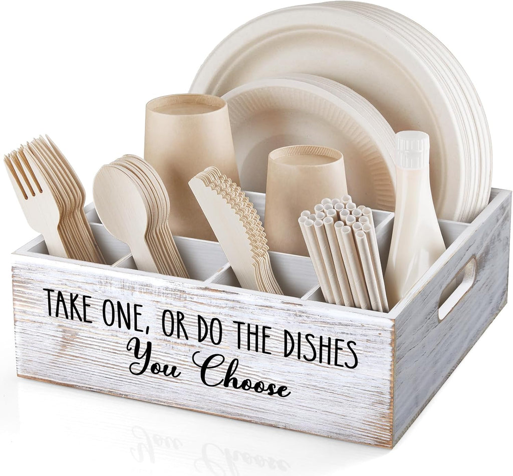 ALELION Rustic White Plate and Utensil Caddy, 6-Compartment Paper Plate and Cutlery Holder with Handles, Kitchen and Party Organizer for BBQs, Picnics, and Gatherings
