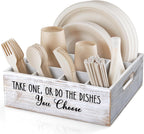 ALELION Rustic White Plate and Utensil Caddy, 6-Compartment Paper Plate and Cutlery Holder with Handles, Kitchen and Party Organizer for BBQs, Picnics, and Gatherings