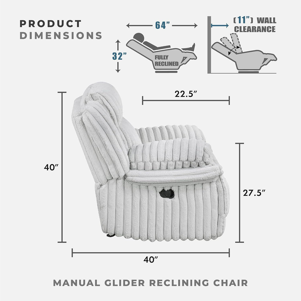Lexicon Manual Glider Recliner Chair, Corduroy Manual Tab Pull Reclining Chair with Pillow Top Arms, Plush Cushions, Cozy Theater-Style Accent for Living Room/Bedroom, Easy Assembly, Gray