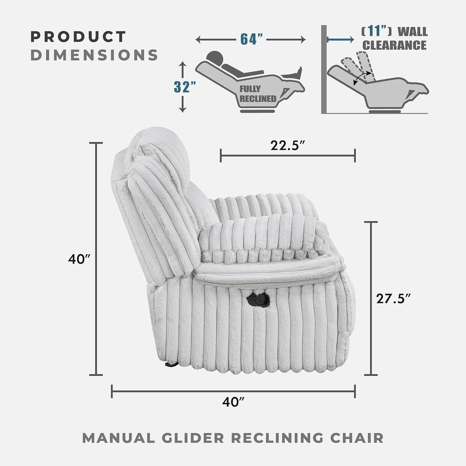 Lexicon Manual Glider Recliner Chair, Corduroy Manual Tab Pull Reclining Chair with Pillow Top Arms, Plush Cushions, Cozy Theater-Style Accent for Living Room/Bedroom, Easy Assembly, Gray