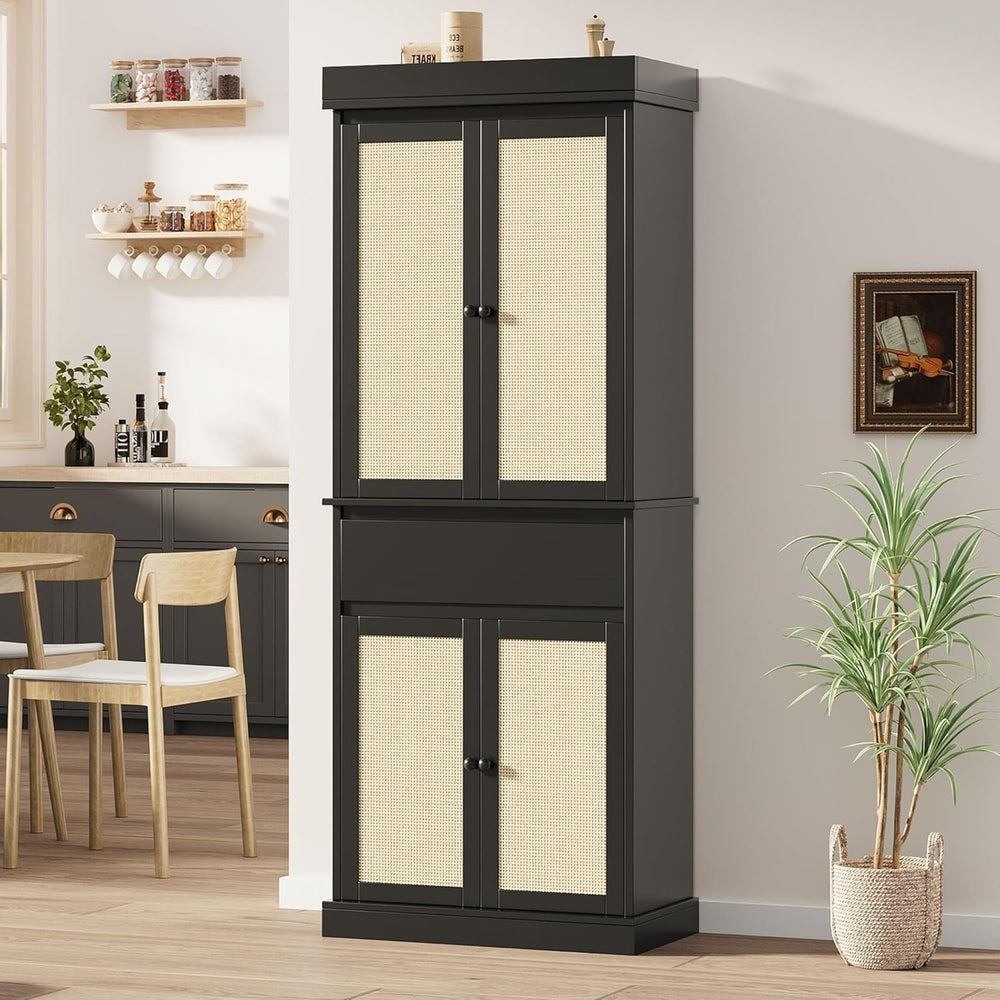 Tall Kitchen Pantry Cabinet - Rattan Doors, Adjustable Shelves, Freestanding ...
