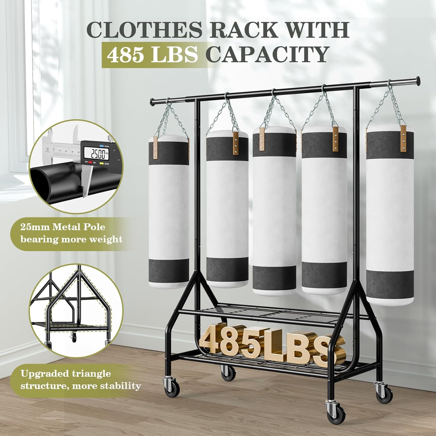 Clothes Rack with 2 Shelves, Heavy Duty Garment Rack Load 450 LBS, Standing Rolling Metal Hanging Clothes with Sturdy Wheels & Shelves