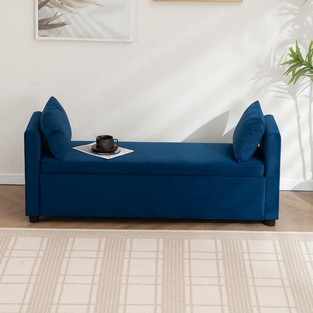 55" Navy Storage Bench for Bedroom King Size Bed, Velvet | Long Ottoman, Modern End of Bed Bench, with Arm, Upholstered, For Bedroom/Living Room/Window/Entryway