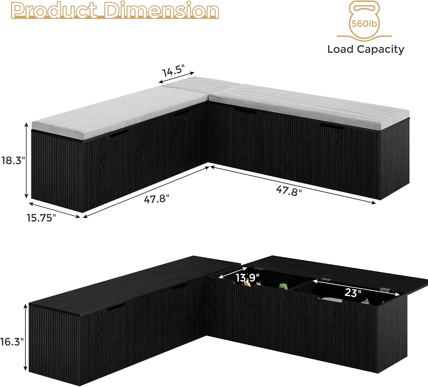 Mekminop Kitchen Breakfast Nook Bench, Backless Wood Corner Bench with Cushion Seat, L Shape Dining Bench with Hidden Storage Space, Black