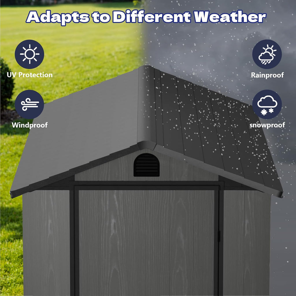 Greesum 4x8FT Plastic Outdoor Storage Shed with Floor, Resin Storaged Sheds with Lockable Door, Window & Vent, All-Weather Tool Sheds for Garden, Backyard, Patio, Dark Gray (One-Piece Panel)