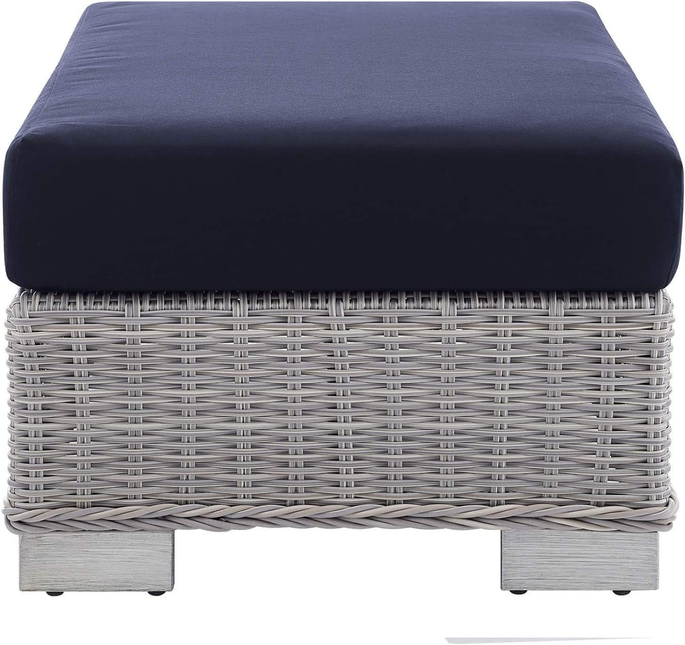 Conway Sunbrella® Outdoor Patio Wicker Rattan Ottoman in Light Gray Navy