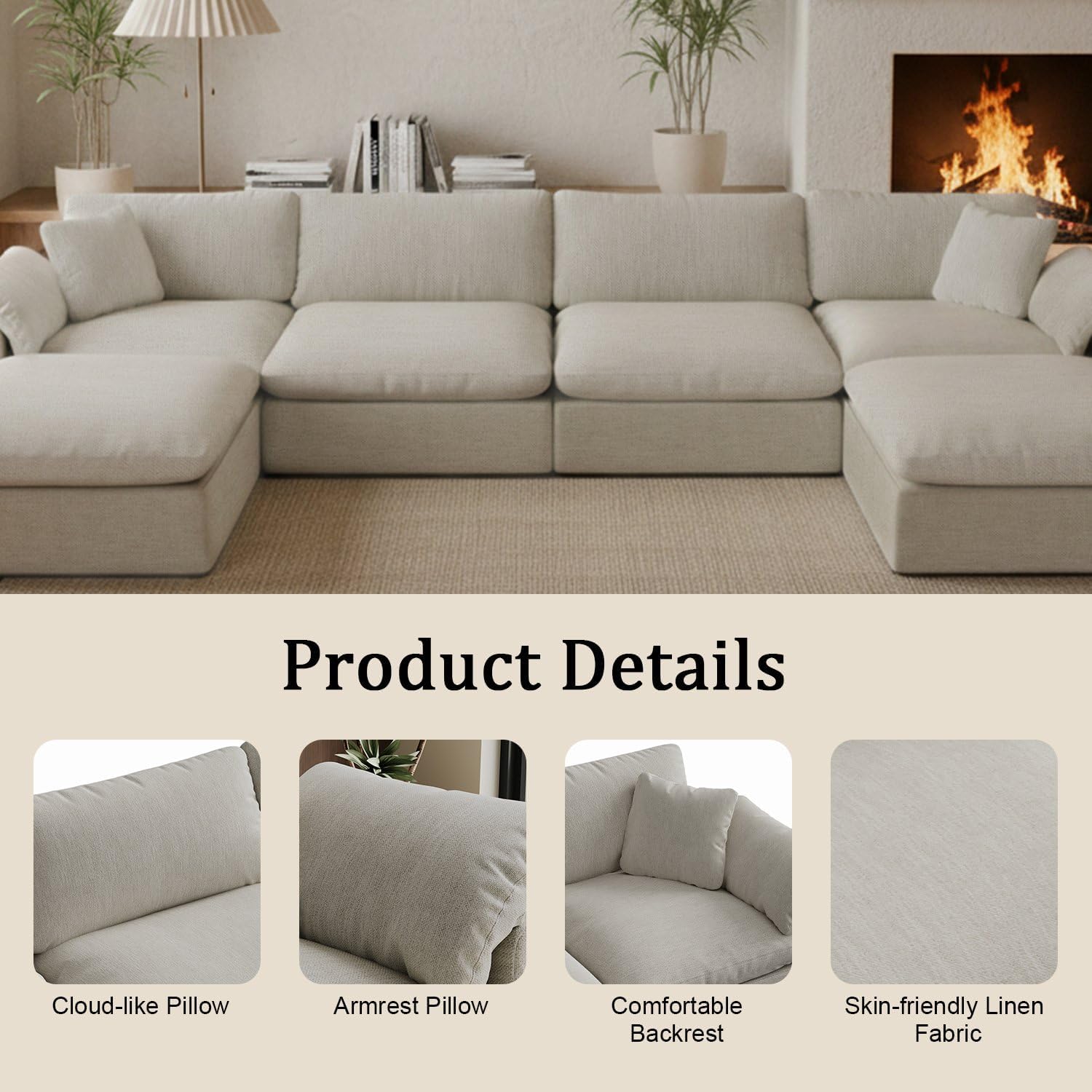 143" Cloud Modular Sectional Sofa,Light Beige Down Filled Sofa 4 Seat with Chaise,Minimalist Sofa Cover Washable and Replaceable Couches for Living Room,Sectional Sofa Deep Seat